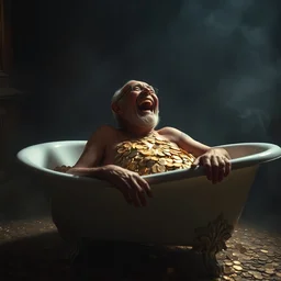 a side view of a greedy old man laughing hysterically who is covered in gold coins and laying in a porcelain antique clawfoot bathtub that is filled and overflowing with gold coins. very dark room, cinematic, smoke, dark, moody, smokey lighting, dimly lit