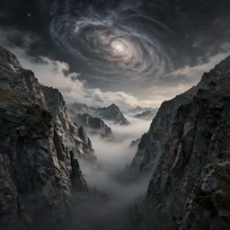 a beautiful digital render of a swiss crevice with tall mountains dissolving into the sky, clouds spiraling into a nebula, fog, dark, volumetric lighting, starry night, very detailed, cirrus, washed out colors, intricate detail, ultrarealistic, master level composition, raytracing effects