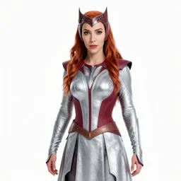 scarlet witch, silver clothing, pure white background, unreal engine 5 rendered, trending on artstation