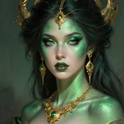a seductive beautiful witch from belarus, with a perfect face!!! shiny green iridescent makeup on skin, bust portrait, gold jewelry, dnd, face, fantasy, intricate, elegant, highly detailed, digital painting, artstation, concept art, smooth, sharp focus, illustration, art by artgerm and greg rutkowski and alphonse mucha