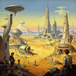 an epic hyperdetailed matte painting of a retro vintage sci fi landscape by moebius and simon stalenhag and geoff darrow and dan mumford