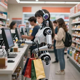 a robot girl with a shopping bag, standing in a line to the cash register in a convenience store in warsaw ; photorealistic, near future, slice of life scene, digital art