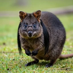 a long black haired quokka with long black hair and glasses