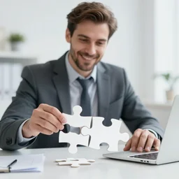 a professional photo of a man putting the last puzzle piece, digital art
