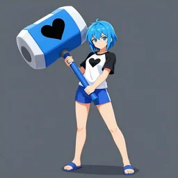 an anime girl, holding a giant blue hammer with the logo of a black heart, and the anime girl has blue hair, white and black t - shirt, blue short - pants and she's barefoot without slippers and socks