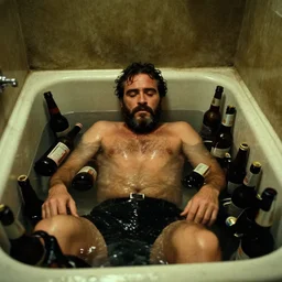 the top shot of the old bathroom where drunk bearded joaquin phoenix lying in many empty beer bottles in the water, still shot from the movie of stanley kubrick with cinematography of christopher doyle, dark old room, anamorphic, kodak film, sharp focus, realistic, 8 k