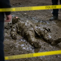 a police photograph of a crime scene. inside the crime scene there is a corpse covered in a thin film of wet clay. the corpse is twisted and bent and wrong