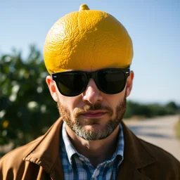 a man with a lemon for a head while wearing sunglasses