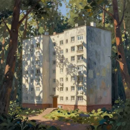 beautiful matte painting of cute soviet block of flats hrushevka in end of forest by yann souetre,