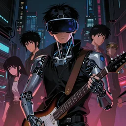 photo portrait of a japanese cyberpunk cyborg male guitarist, finely detailed features, cyborg robot parts, futuristic vr headset, dramatic cinematic, at cyberpunk city, ghost in the shell, akira, odeo, cinematic lighting, in danger, noir, trending on pixiv fanbox, painted by greg rutkowski, makoto shinkai, takashi takeuchi, craig mullins, mamoru oshii, alphonse mucha, studio ghibli, pixiv