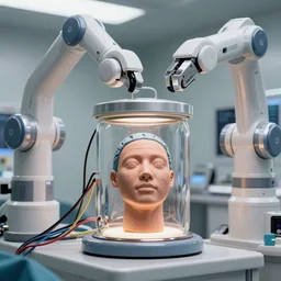 a face transplant in a jar in an operating room with robotic surgeons with a lot of wires , photorealistic,by Wlop,4k resolution