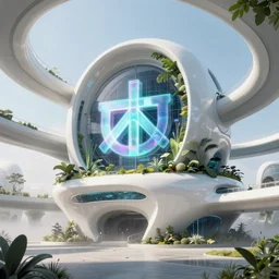 highly detailed futuristic architecture by Tadao Ando, holographic logo, stylized vegetation, sky bridges, ground-level view, foggy atmosphere, stunning sunny lighting, sunrise, vivid colors, in the style of pixar animation, trending on Artstation, 8k, matte painting, ray tracing, hyper detailed, unreal engine 5, cinematic, epic lighting, cryengine, octane render, cyberpunk, red and orange glow, vibrant