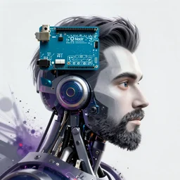 Beautiful Photo of Arduino Uno in the robot's head. cyborg beard man profile view. Cyberpunk. splatterpunk. 4K