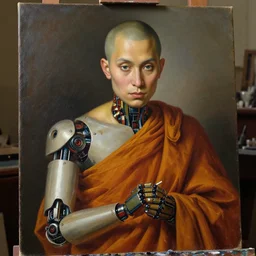 robot monk painting a self - portrait on a canvas. intricate, highly detailed, photorealistic, film still, by gustave courbet.