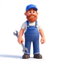 bearded plumber with wrench, stylized pixar-style 3d render, full body, standing, isolated on a pure white background, centered, whole figure in frame, sharp focus, studio lighting