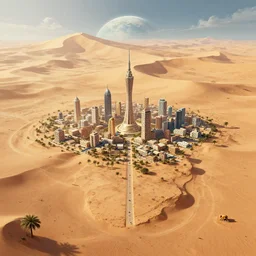 an oasis city on the edge of an african desert on the home planet of the lion people, afrofuturism, digital artwork,