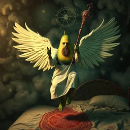 avocado man with wings and a wand floating over a bed, religious art, fractals, deepdream, acid, trippy, dream, psychedelic, sharp focus, unreal engine, trending on artstation, photorealistic, octane, trending on deviantart
