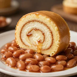 a slice of swiss roll on top of some baked beans realistic cinematic 8 k 3 5 mm