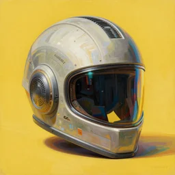 a painting of a futuristic helmet on a yellow background, a 3D render by Mike Winkelmann, cgsociety, holography, anaglyph effect, 3d, anaglyph filter, painting