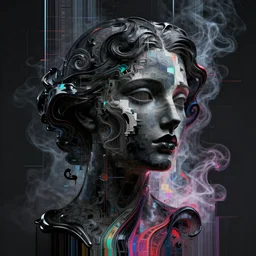 epic concept art. abstract female face silhouette mixing with black and color liquid fluid. abstract sculpture. pixel sorting, glitch art, art deco swirls. vertical glitch lines, vertical slices. smoke simulation, vfx, cinema 4 d, tyflow. masterpiece, michelangelo. concept art, matte painting. greg rutkowski, wlop, victo ngai, kandinski