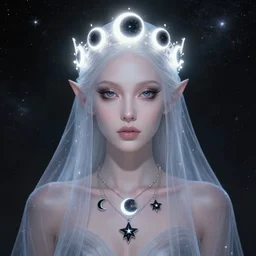 a portrait of a galaxy as an androgynous druid spirit wearing five necklaces of moons and stars, wearing a glowing crown of black holes, black eyes and sclera, draped in transparent cloth, colorful, flat colors, occult, minimal design, bust by alphonse mucha, decorative art nouveau border, astrophotography, vast cosmos, digital illustration, trending on artstation