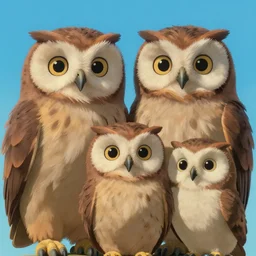 a portrait of family of owlets. the owls have really detailed, fluffy feathers. the portrait is by wes anderson, and studio ghibli, 3 d render painted
