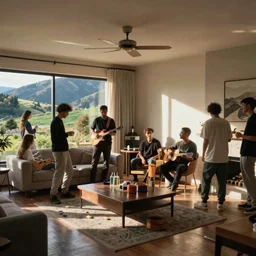 color video footage of home party, living room,