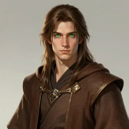 realistic portrait, 25 years old man :: athletic fantasy mage :: green eyes, shoulder long brown hair :: wearing a brown robe :: high detail, digital art, RPG, concept art, illustration