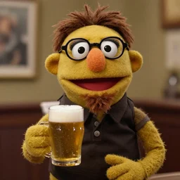 a thin muppet!!!! that has a long brown goatee and handlebar mustache, the muppet wears glasses and has short brown hair, holding a beer, photograph