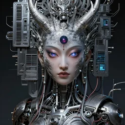 female robot pilot, mechanical creature, electronic wires relays computer nerves, girl face, dystopian surrealism, alex ries zdzisław beksinski giger, very intricate details, hres, naraka buddhist demon chinese female, deep luminous eyes contain galaxies, head contains nebula, deep aesthetic, concept art, carved silver circuits diodes resistors semiconductors, highly ornate intricate details