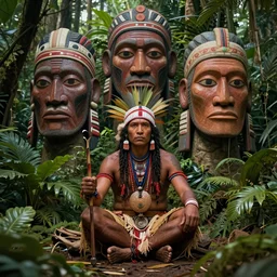 a shaman sitting in the jungle, with giant faces of ancestors behind him, hyper detailed, art by christophe vacher