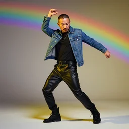 japanese man with short hair and a beard wearing denim and leather clothes dancing next to a rainbow, full body portrait, dynamic lighting