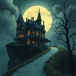 ( disney studio ghibli style ) a haunted victorian mansion on a cliffside, road leading up to the house, finely detailed features, perfect art, gapmoe yandere, trending on pixiv fanbox, painted by makoto shinkai takashi takeuchi studio ghibli, akihiko yoshida, craig mullins