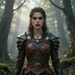 Establishing shot, dramatic volumetric sunlight foggy atmospheric forest canopy scenery, girl with vampire-fangs clad in modest hide leather armor, hyperdetailed, symmetrical face, concept art, artstation, cgsociety, 8k