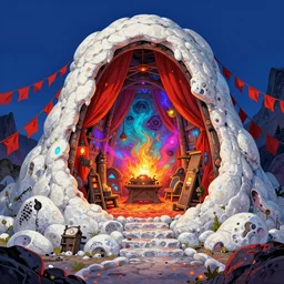 white lava, red pennants, interior of a mountain hut, colorful dream, glowing lights, epic fantasy, colorfully, detailed illustration, digital art, highly saturated colors, overdetailed art, concept art, detailed illustration, hd, 4 k, digital art, greg rutkowski, dan mumford, studio ghibli trending on artstation