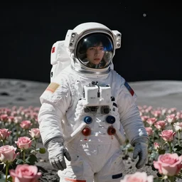 portrait of a young astronaut in a dreamy sea of roses on the moon, cgsociety, high resolution, highly detailed, trending on art - station