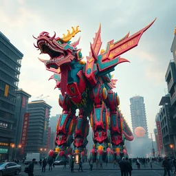 a beautiful hyperrealistic ultradetailed 3 d render of a gigantic javanese mecha standing in a city in china, by brian sum and stephen martiniere and antonio manzanedo. mech, dragon, unreal engine, octane render, pbr, 3 d, brilliantly colored, intricate, wide angle, volumetric lighting, polished, path tracing