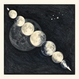 the phases of the moon, occult, vast cosmos, a photograph of a simple two color woodcut print with ink on textured paper