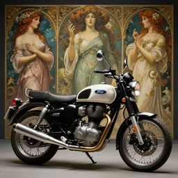 a motorbike designed by royal enfield and ford, midsommar, artstation, an epic fantasy, cinematic lighting, hyper realistic, photographic, sharp focus, by greg rutkowski and alphonse mucha