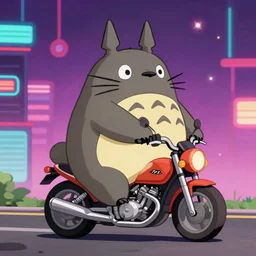 totoro riding a motorbike on a synthwave background