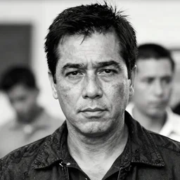 b & w shot of pollo hermano w / gus fring ( eos 5 ds r, iso 1 0 0, f / 8, 1 / 1 2 5, 8 4 mm, postprocessed, crisp face, facial features )