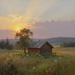 a oil painting of a serene landscape with a singular wooden house at sunrise, concept art, octane render, unreal engine 5, trending on deviantart, highly detailed, high quality, oil painting, digital painting l, masterpiece, hyperrealistic, breathtaking landscape, soft lighting, godrays, complementary colors, natural lighting