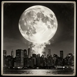 vintage photo still of the moon!!!! exploding!!!! exploding moon moon explosion over new york city in the 1 9 2 0 s, black and white, weathered, edge vignette