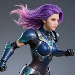 a award winning high shutter speed action upper body portrait of a beautiful woman with a ombre purple pink hairstyle with head in motion and hair flying while wearing futuristic navy blue and teal battle bodyarmor and pauldrons, outrun, vaporware, highly detailed, fine detail, intricate