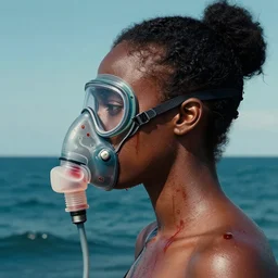 side profile of a black woman :: blood :: background sea :: intricate details :: oxygen mask implant :: 8k :: simon stalenhag and Sandra Chevrier