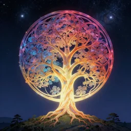 epic chromatic tree of life centered on a hill glowing from within japanese, intricate, elegant, volumetric lighting, digital painting, highly detailed, artstation, sharp focus, milky way galaxy, illustration, concept art, ruan jia, steve mccurry