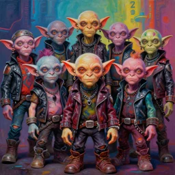 apocalyptic scifi squalor goblin characters standing together, professional group photo, psychedelic vibrant colors, futuristic punk rock fashion, oil painting by michael whelan art, perfect faces, sharp focus, detailed eyes, realistic, leather jackets, 8 k