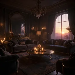 videogame screenshot of a dark dreamy luxury living room, candlelight, sunset glow, octane render, volumetric lighting, raytracing