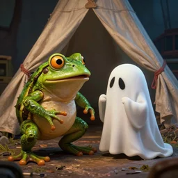 a full color still frame from a freaky live action kids tv show about a gross hairy frog and a sad dumb ghost, tickle fight in the death tent