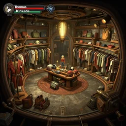 inside a clothing store, on a spaceship, steampunk style, from a point and click 2 d graphic adventure game, set design inspired slightly by tomb raider, art inspired by [ [ thomas kinkade ] ] and [ mark keathley ]